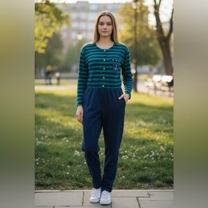 Vintage Hang Ten Jumpsuit Size M Nautical Anchor Stripe One Piece Elastic Waist